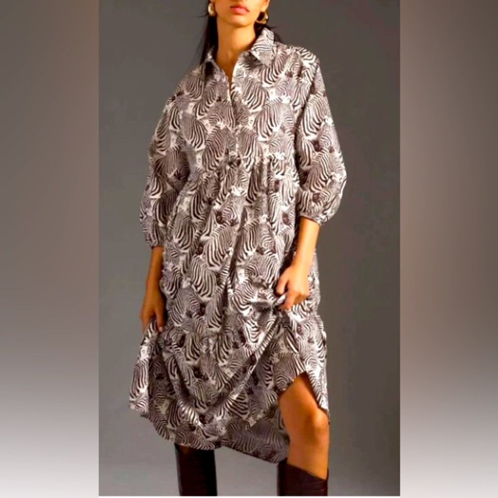 Anthropologie Maeve Zebra Tiered Maxi Shirt Dress Large 100% Cotton Vacation